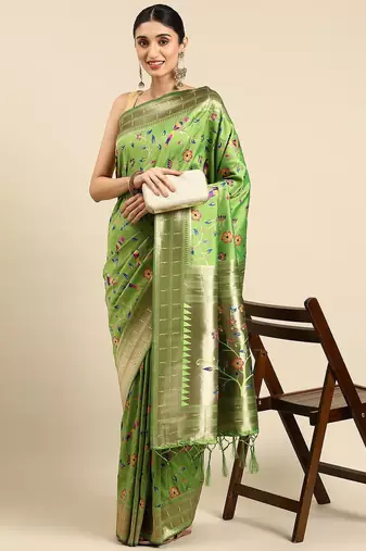 olive ethnic motifs zari silk blend paithani saree