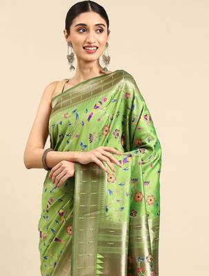 olive ethnic motifs zari silk blend paithani saree 2