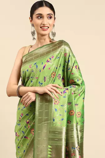 olive ethnic motifs zari silk blend paithani saree