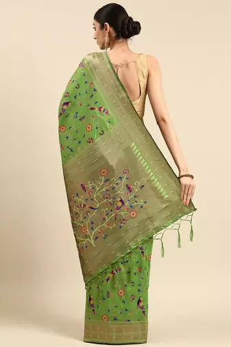 olive ethnic motifs zari silk blend paithani saree