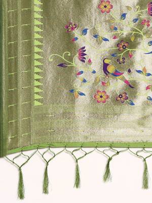 olive ethnic motifs zari silk blend paithani saree 5