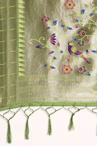 olive ethnic motifs zari silk blend paithani saree
