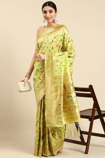 green ethnic motifs zari silk blend paithani saree