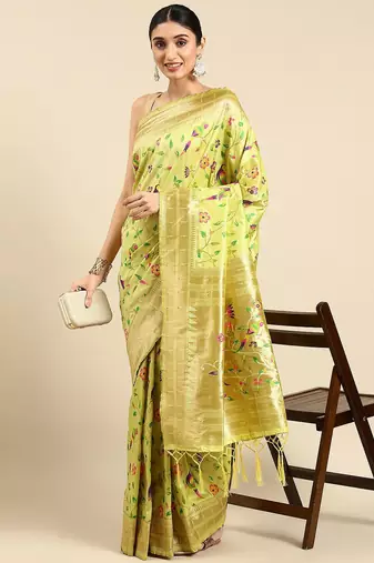 green ethnic motifs zari silk blend paithani saree