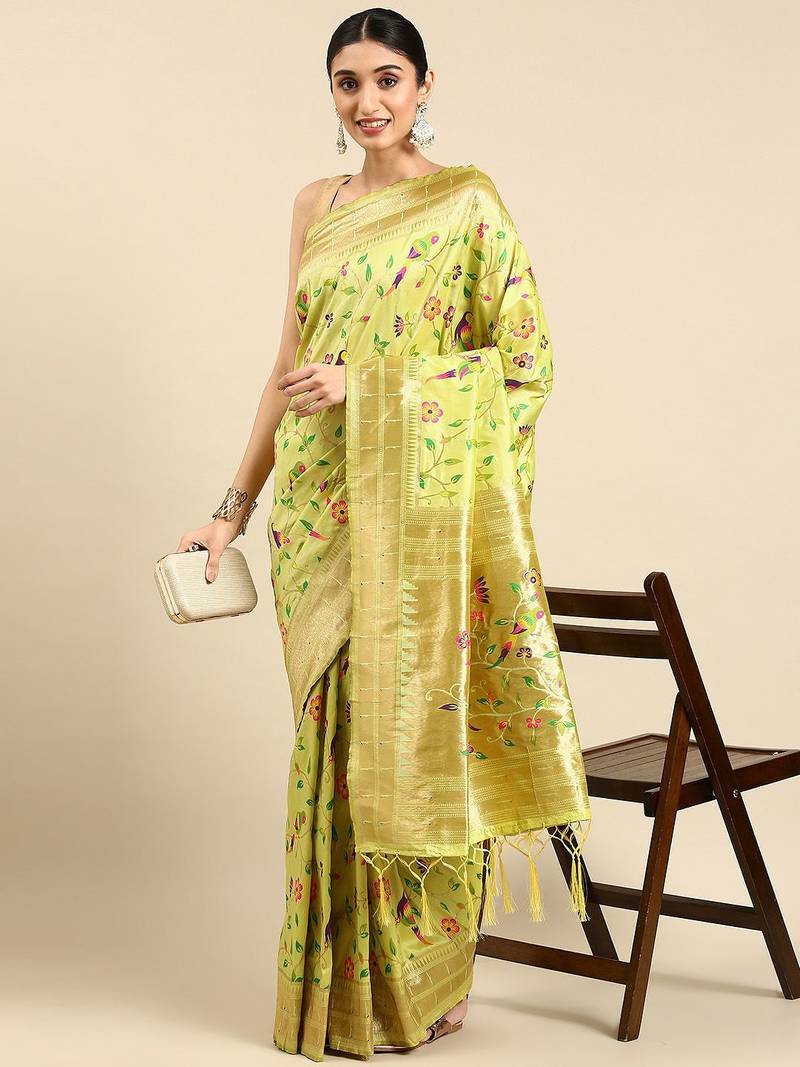 green ethnic motifs zari silk blend paithani saree