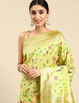 green ethnic motifs zari silk blend paithani saree 2