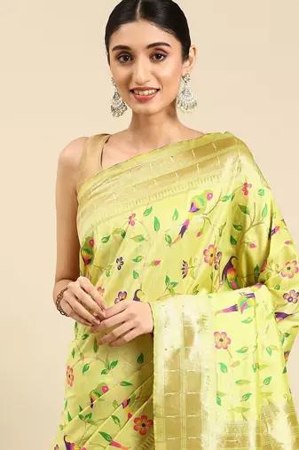 green ethnic motifs zari silk blend paithani saree
