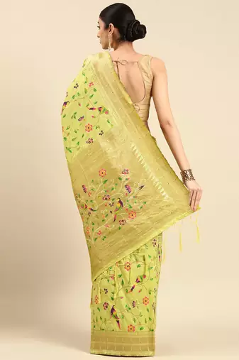 green ethnic motifs zari silk blend paithani saree