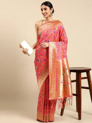 peach ethnic motifs zari silk blend paithani saree 1