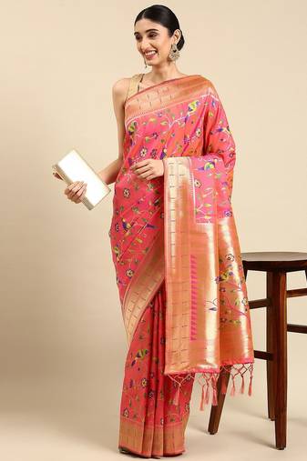 peach ethnic motifs zari silk blend paithani saree