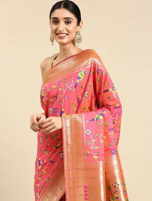 peach ethnic motifs zari silk blend paithani saree 2
