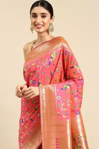 peach ethnic motifs zari silk blend paithani saree