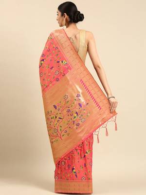 peach ethnic motifs zari silk blend paithani saree 3