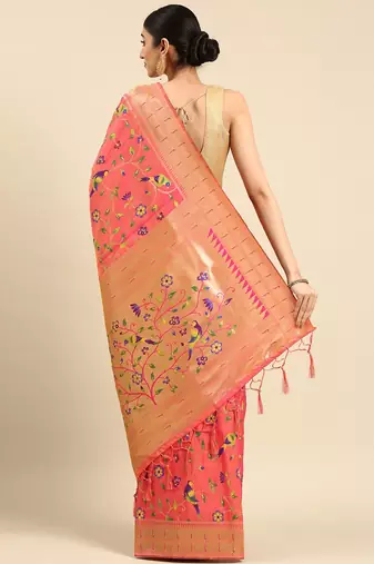 peach ethnic motifs zari silk blend paithani saree