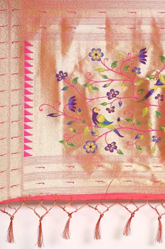 peach ethnic motifs zari silk blend paithani saree
