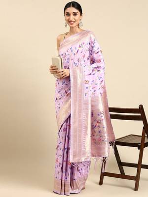 purple woven design zari silk blend paithani saree 1