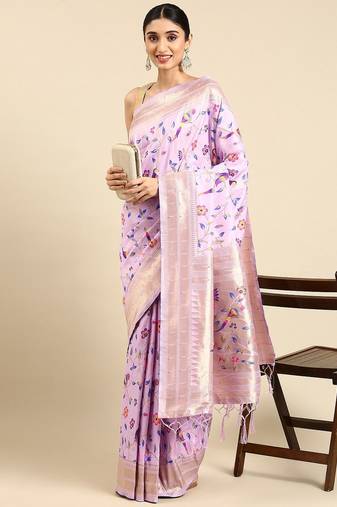 purple woven design zari silk blend paithani saree