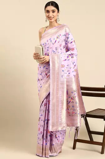 purple woven design zari silk blend paithani saree
