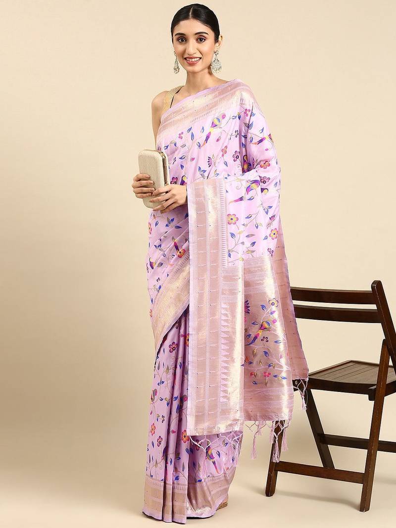 purple woven design zari silk blend paithani saree