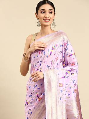 purple woven design zari silk blend paithani saree 2