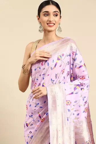 purple woven design zari silk blend paithani saree