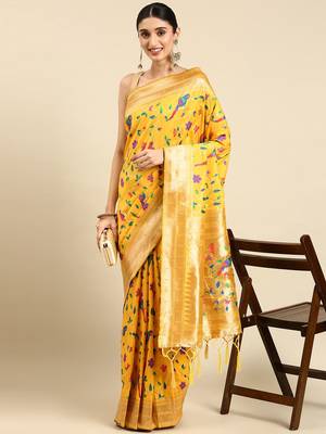 yellow ethnic motifs zari silk blend paithani saree 1