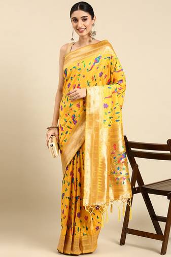 yellow ethnic motifs zari silk blend paithani saree