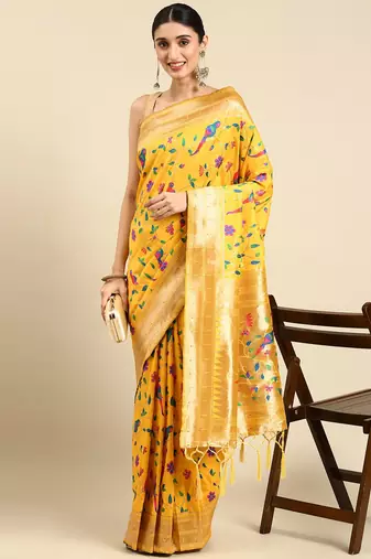 yellow ethnic motifs zari silk blend paithani saree