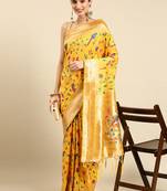 yellow ethnic motifs zari silk blend paithani saree