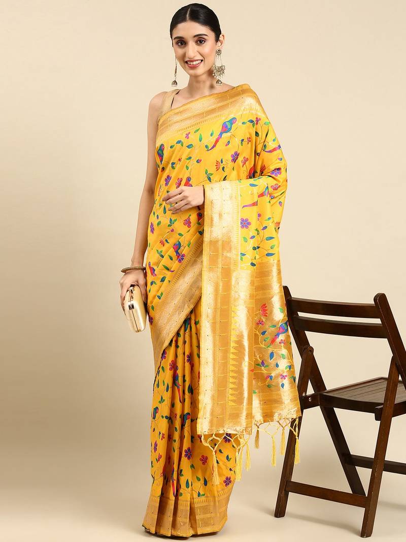 yellow ethnic motifs zari silk blend paithani saree