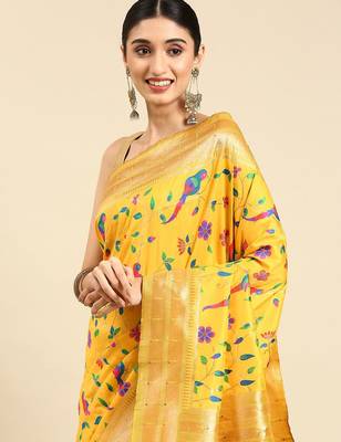 yellow ethnic motifs zari silk blend paithani saree 2