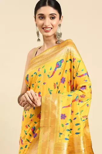 yellow ethnic motifs zari silk blend paithani saree