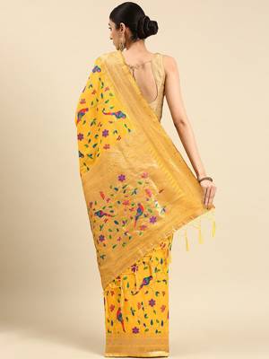 yellow ethnic motifs zari silk blend paithani saree 3