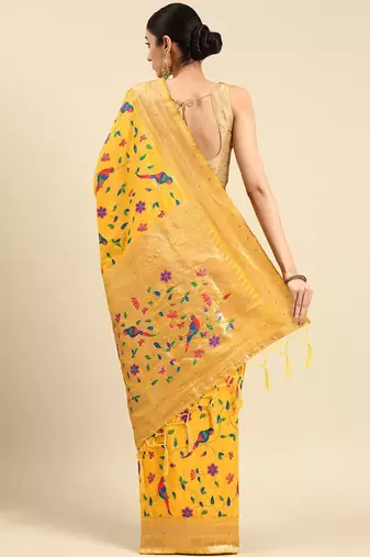 yellow ethnic motifs zari silk blend paithani saree