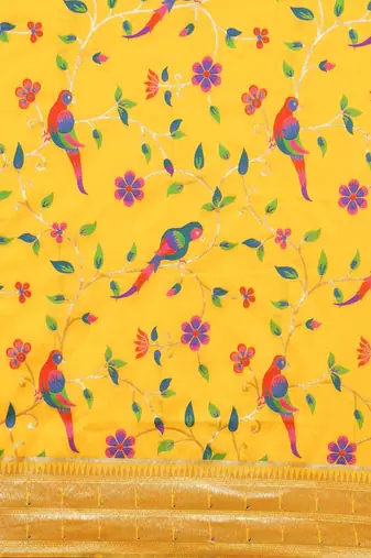 yellow ethnic motifs zari silk blend paithani saree