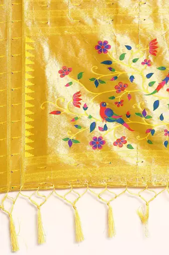yellow ethnic motifs zari silk blend paithani saree