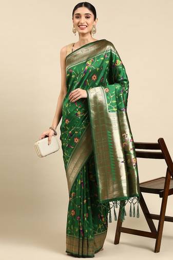 green woven design zari silk blend paithani saree