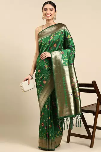 green woven design zari silk blend paithani saree