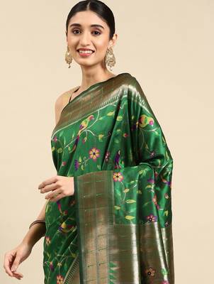 green woven design zari silk blend paithani saree 2