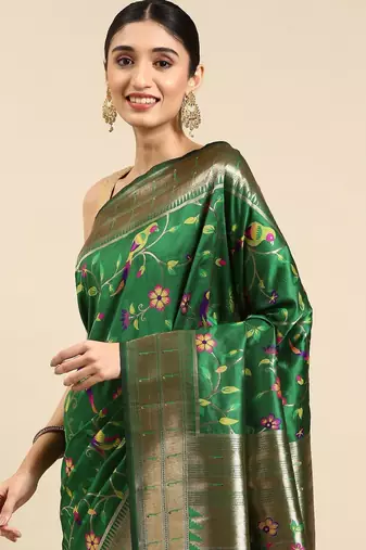 green woven design zari silk blend paithani saree