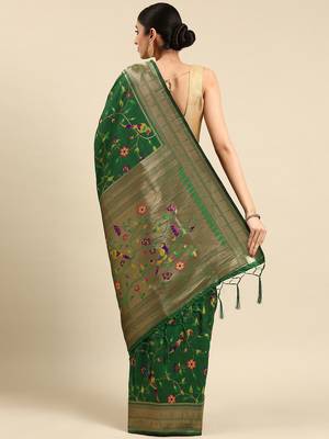 green woven design zari silk blend paithani saree 3