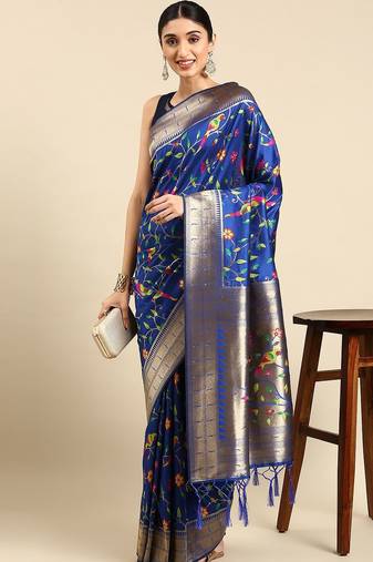 blue ethnic motifs zari silk blend paithani saree