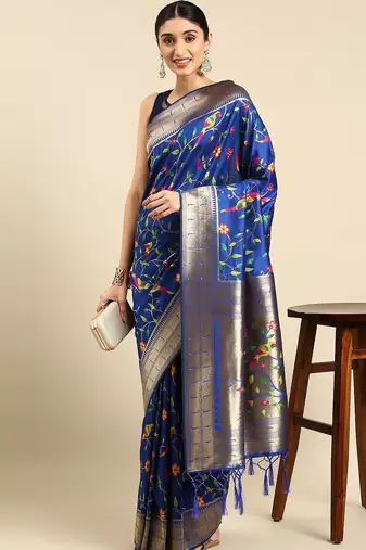 blue ethnic motifs zari silk blend paithani saree