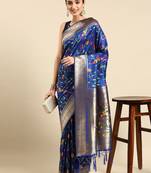 blue ethnic motifs zari silk blend paithani saree
