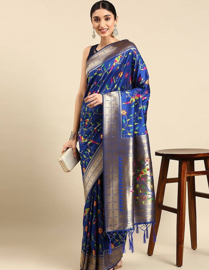 blue ethnic motifs zari silk blend paithani saree