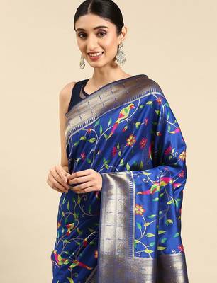 blue ethnic motifs zari silk blend paithani saree 2