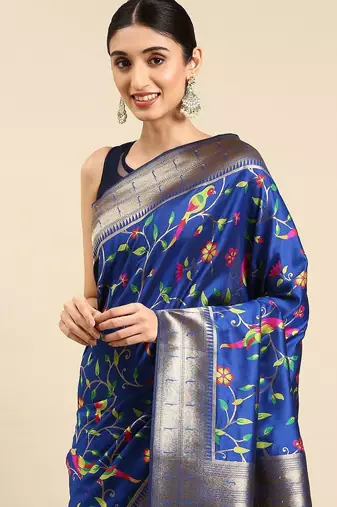 blue ethnic motifs zari silk blend paithani saree