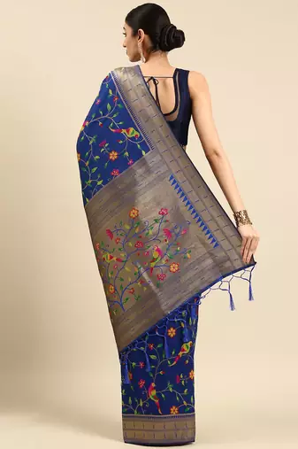 blue ethnic motifs zari silk blend paithani saree
