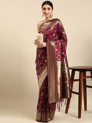 magenta floral zari silk blend paithani saree 1