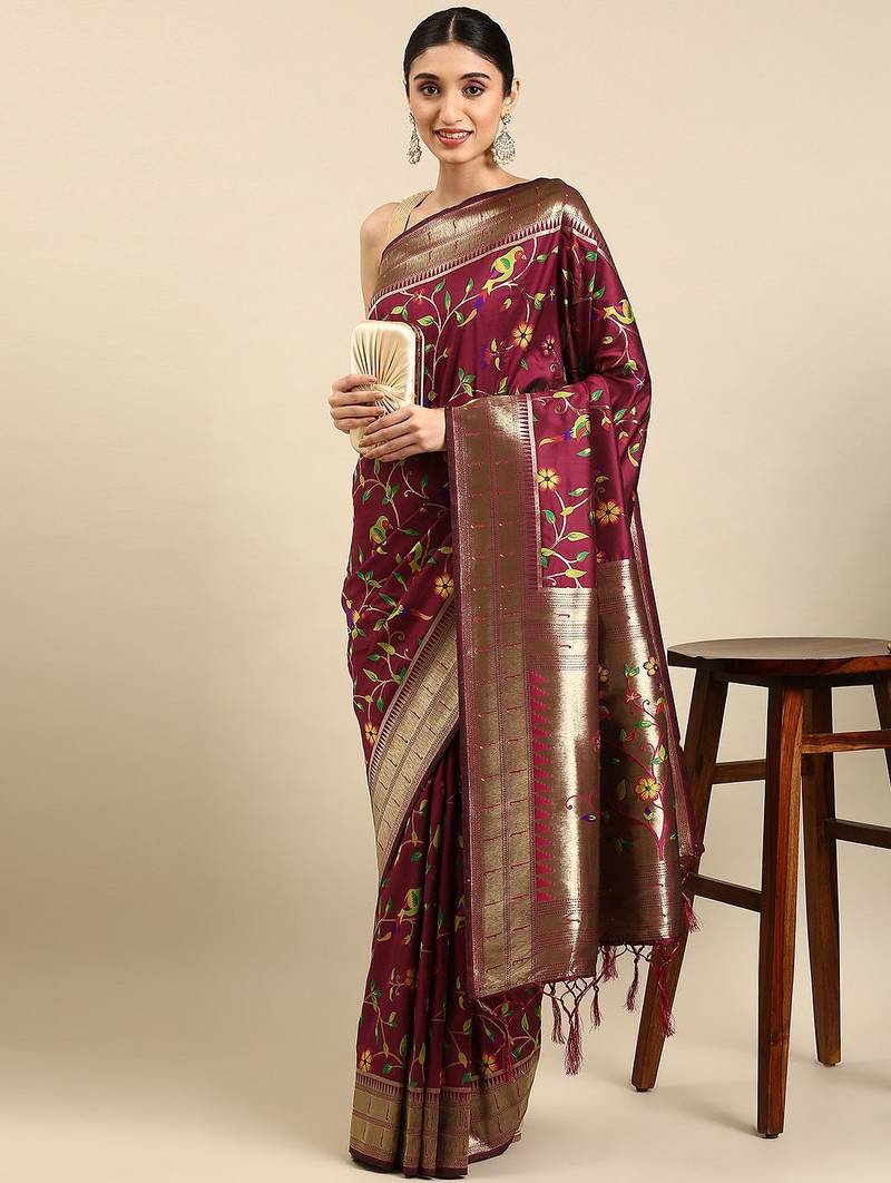 magenta floral zari silk blend paithani saree